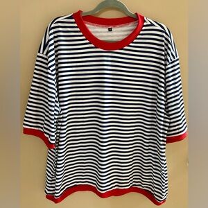 Women's 2X Navy and White Striped Top with Red Details